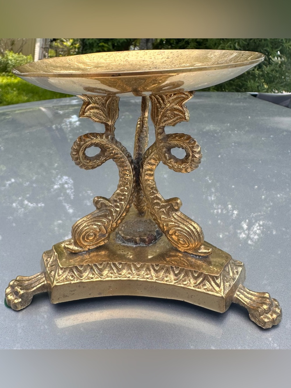 Vintage Ornate Koi Fish Brass Pillar Candle Holder- Aged